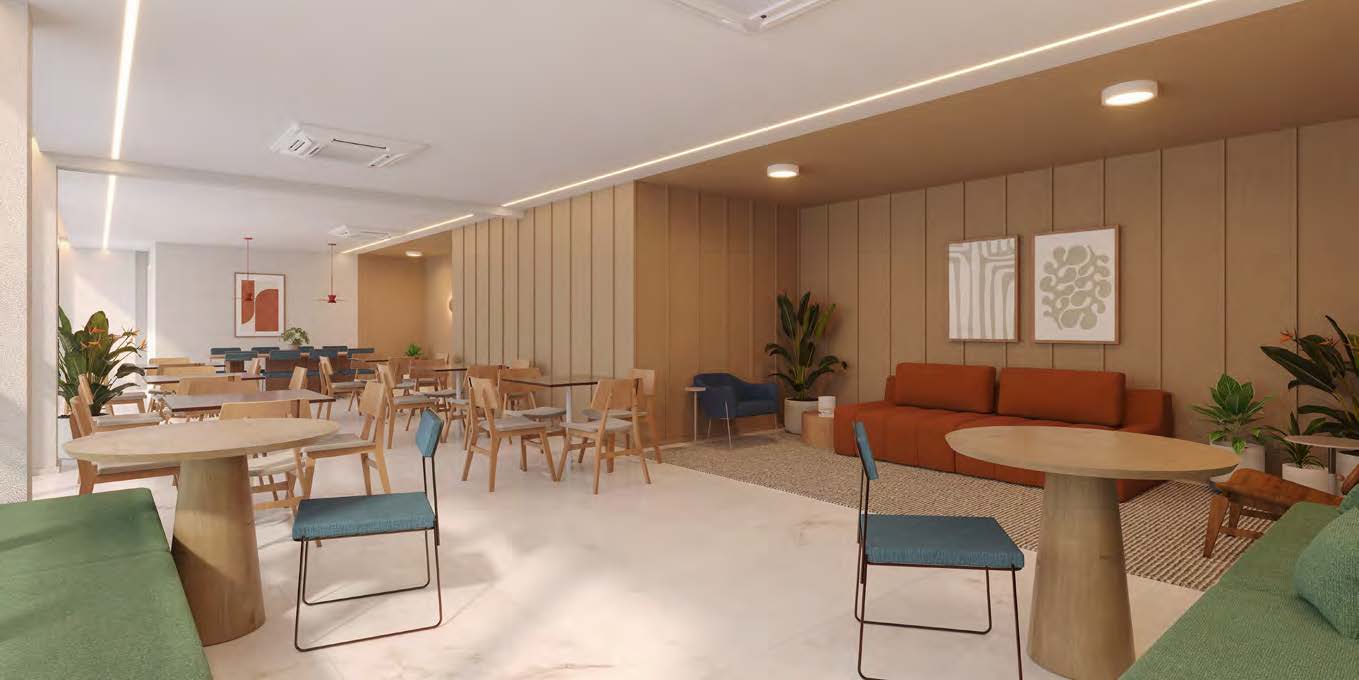 Salão de festas do Astra com ambientes integrados e coworking